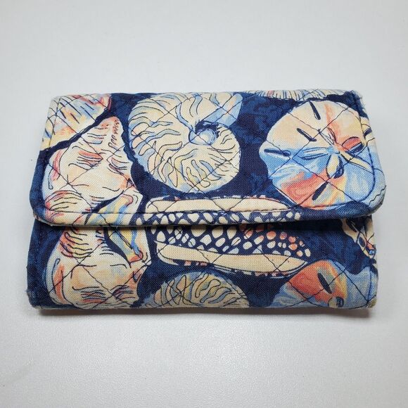 Vera Bradley Tri-fold Wallet Morning Shells Print Navy Blue Cottage Summer Beach - Picture 1 of 7
